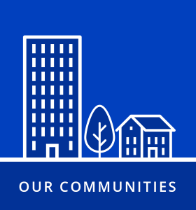 Icon of buildings and a tree with text reading "Our communities"