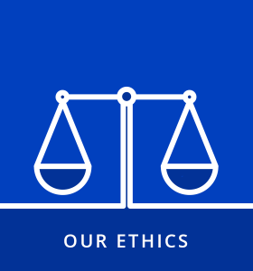 Icon of scales with text reading "Our ethics"