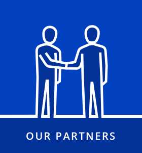 Icon of two people shaking hands with text reading "Our partners"