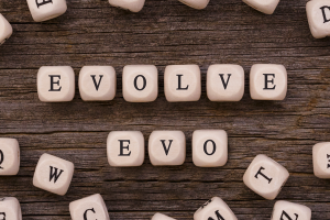 Letter blocks spelling the words "evolve" and "EVO"